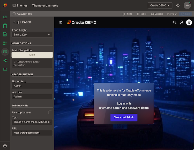 Theme settings view in admin