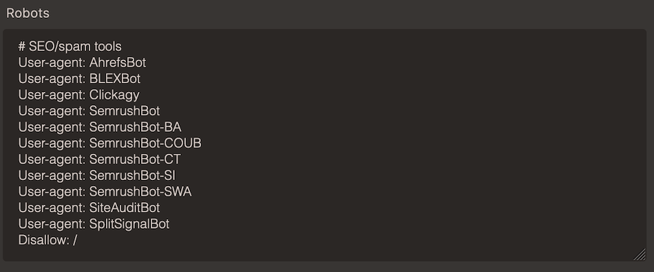 Robots file content in Cradle admin