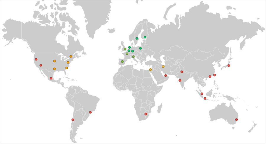 TTFB on a world map showing green dots for Europe but yellow and red for rest of the world.
