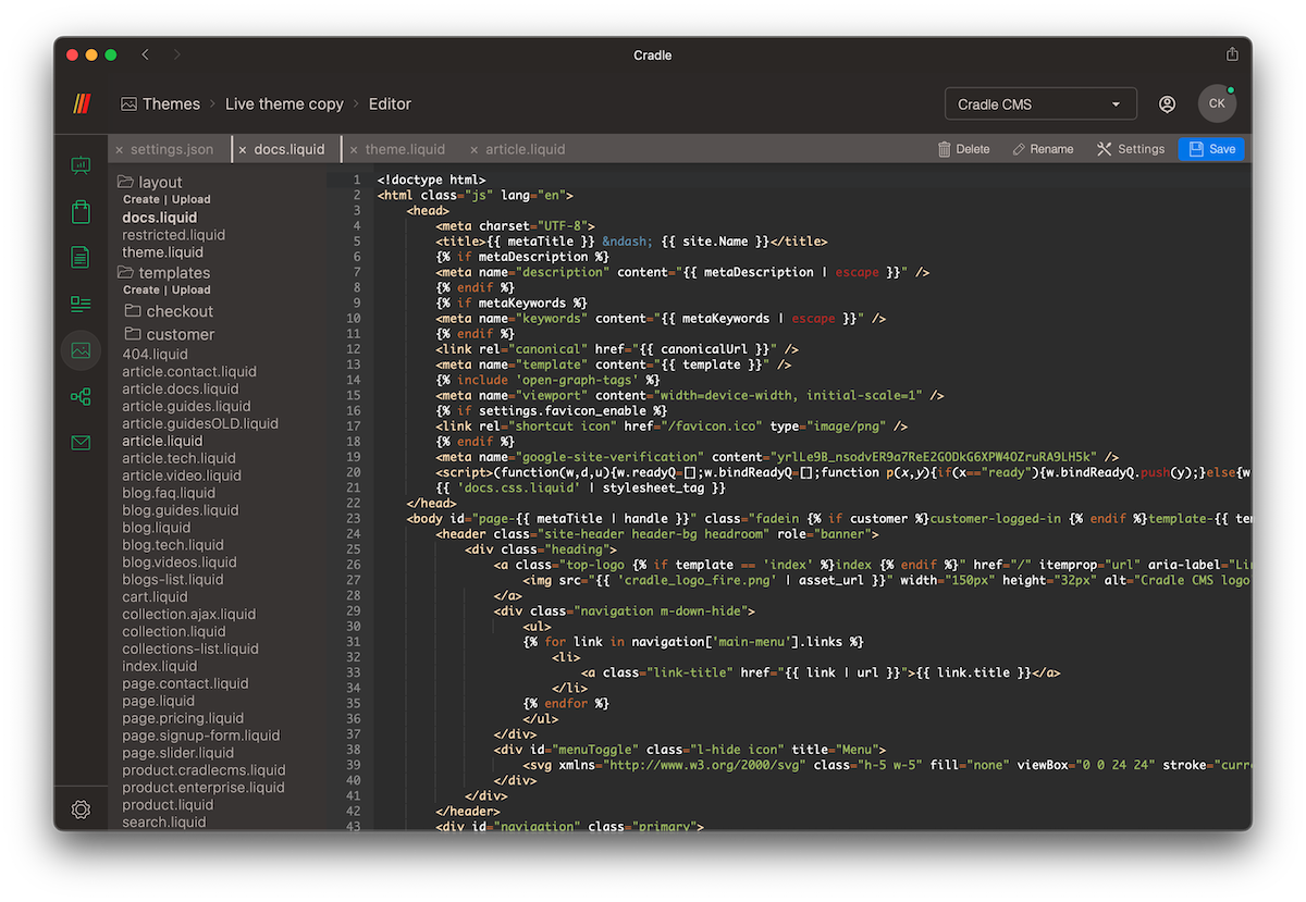 View of code editor in Cradle admin