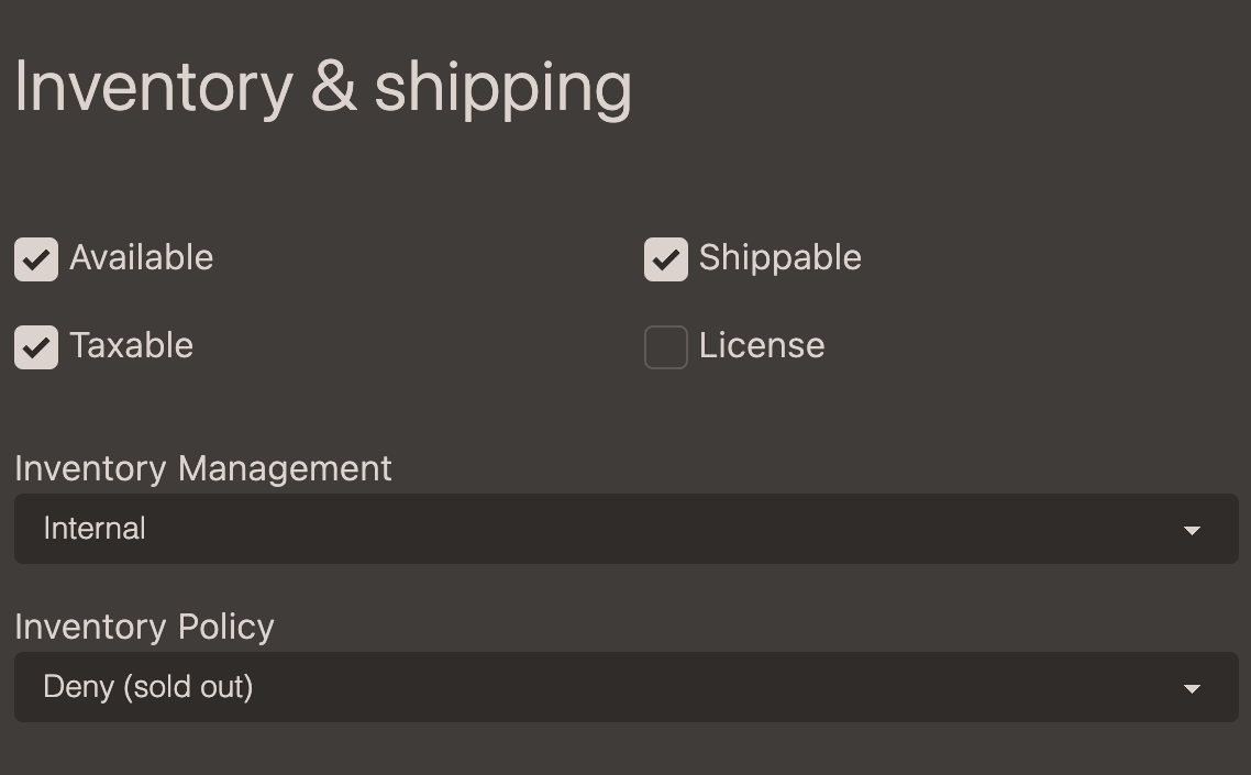 Inventory and shipping settings in admin for a product
