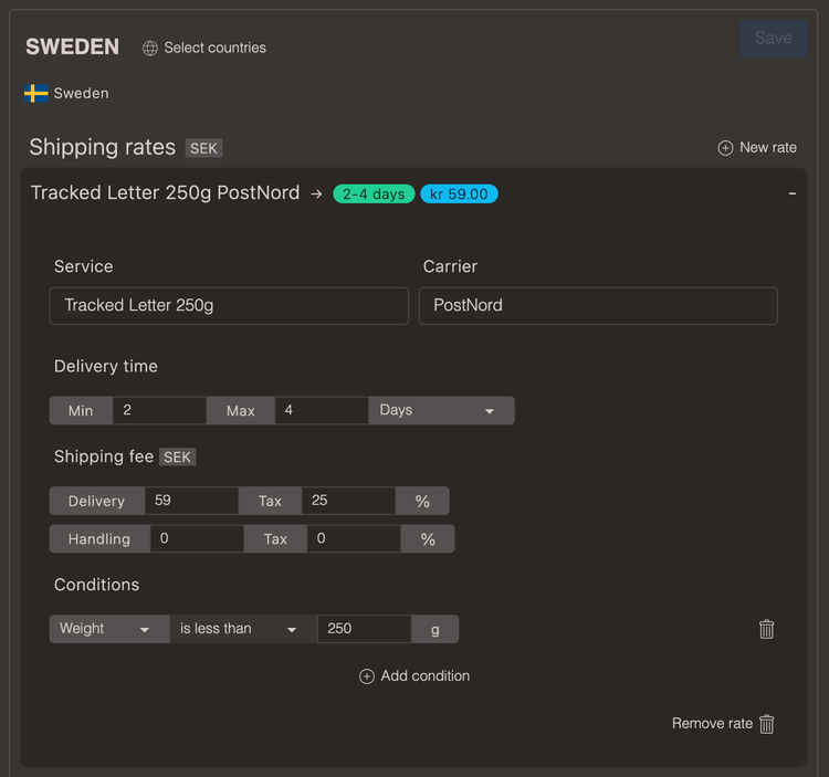Example of shipping settings in admin