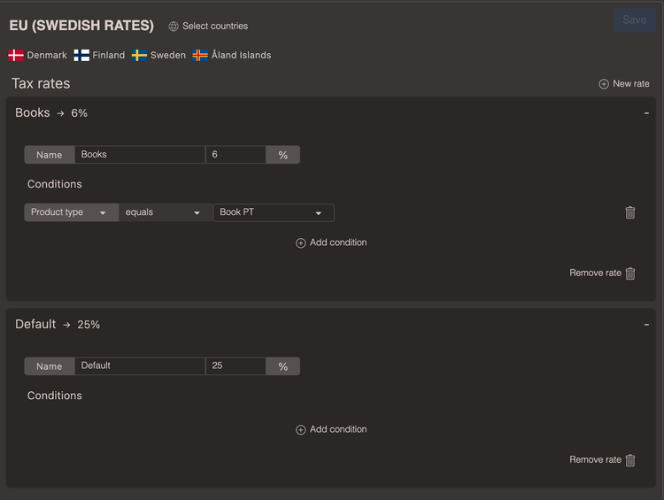 Tax settings in Cradle admin