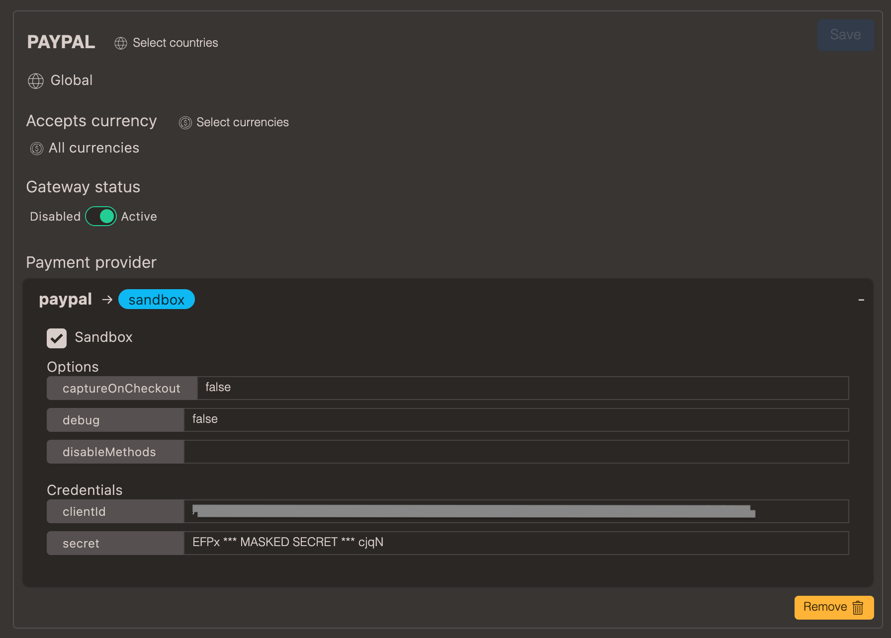 Paypal payment method settings view in admin