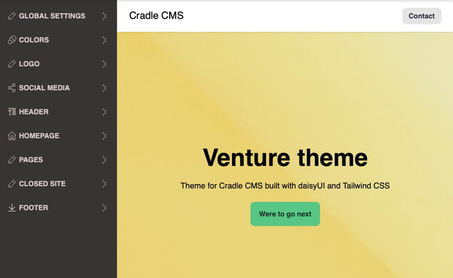 Main sections for theme settings with preview of theme