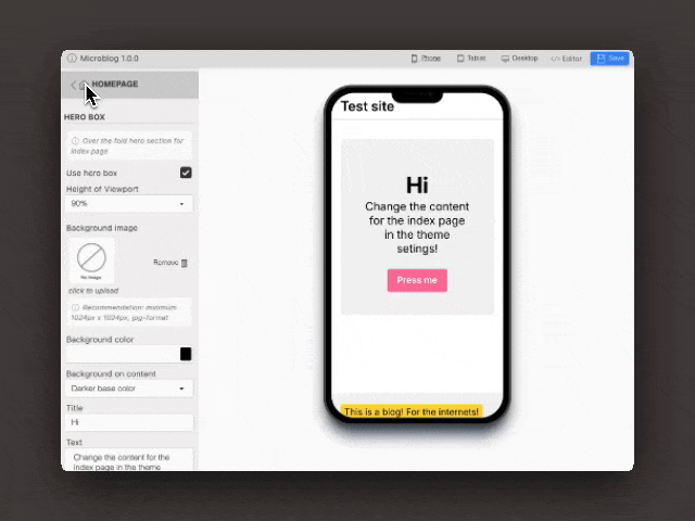 View of theme settings
