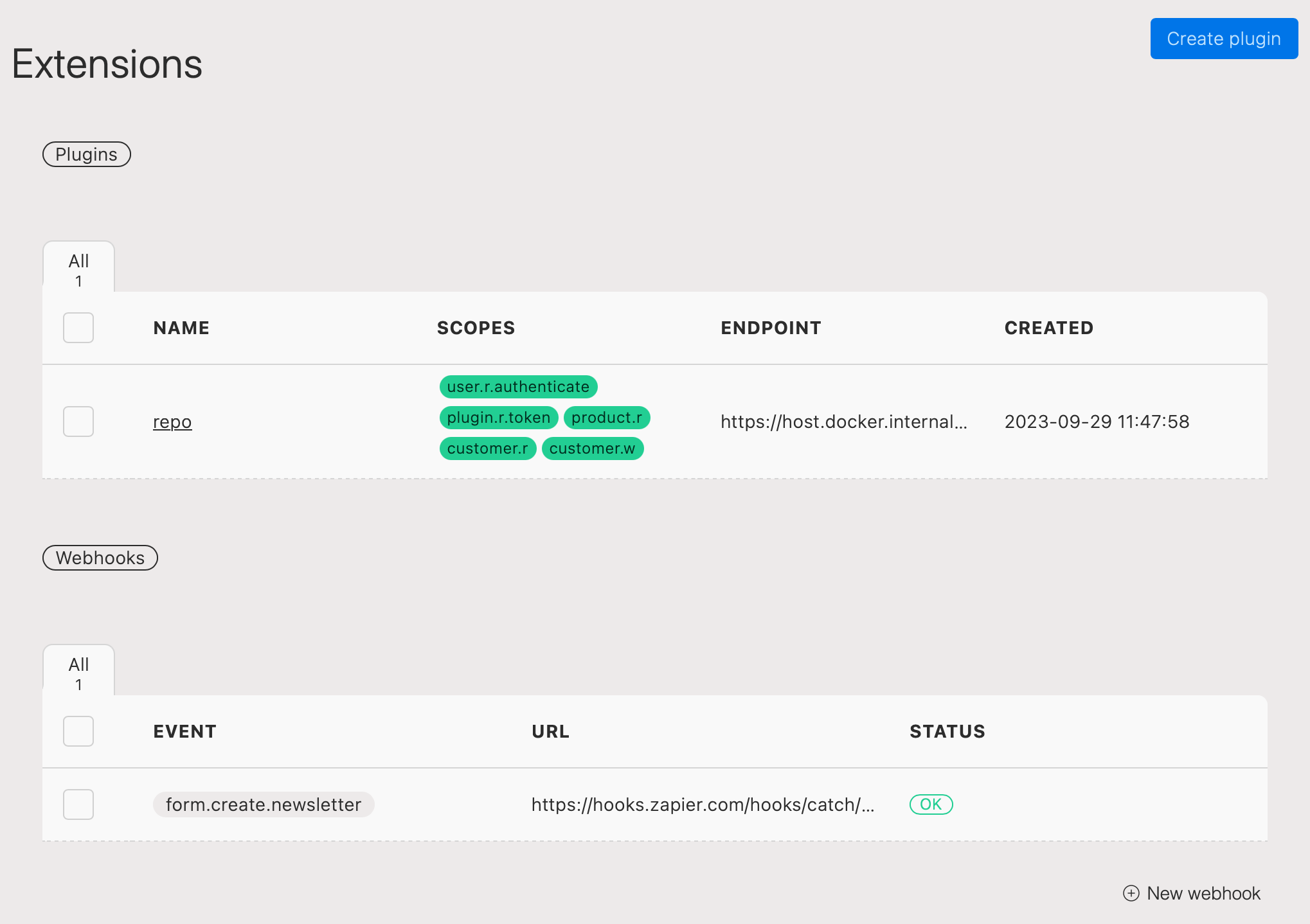 Extensions view in Cradle CMS